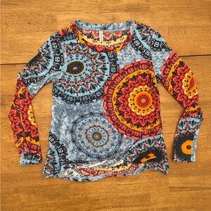 Vibrant Mandala Print Long Sleeve Top with faux tie front.